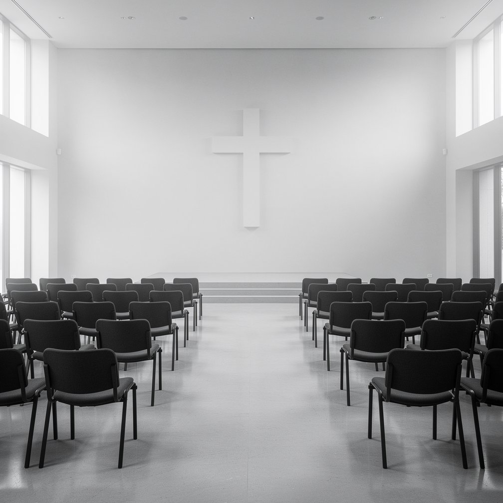 Minimalist black and white photo of a funeral hall interior, empty chairs, respectful atmosphere.