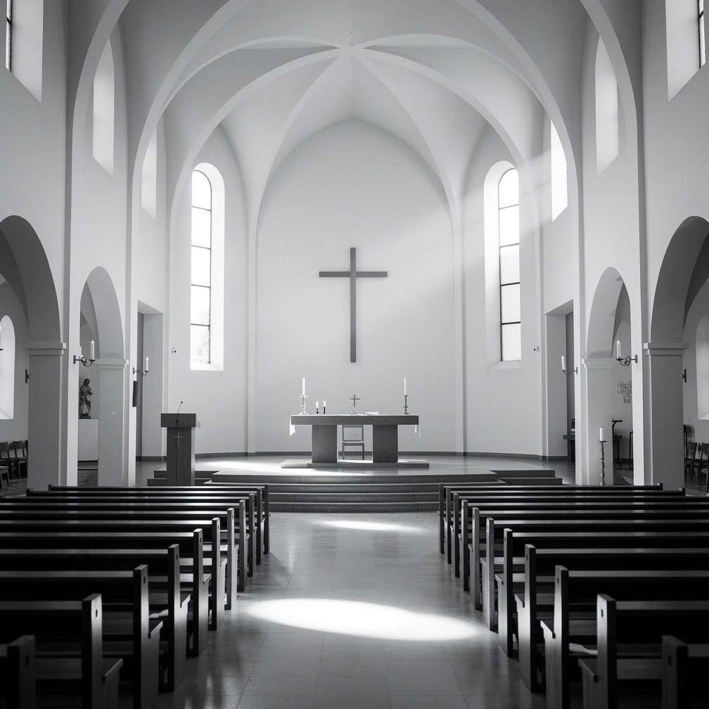 Minimalist black and white photo of a church interior, altar, soft light.