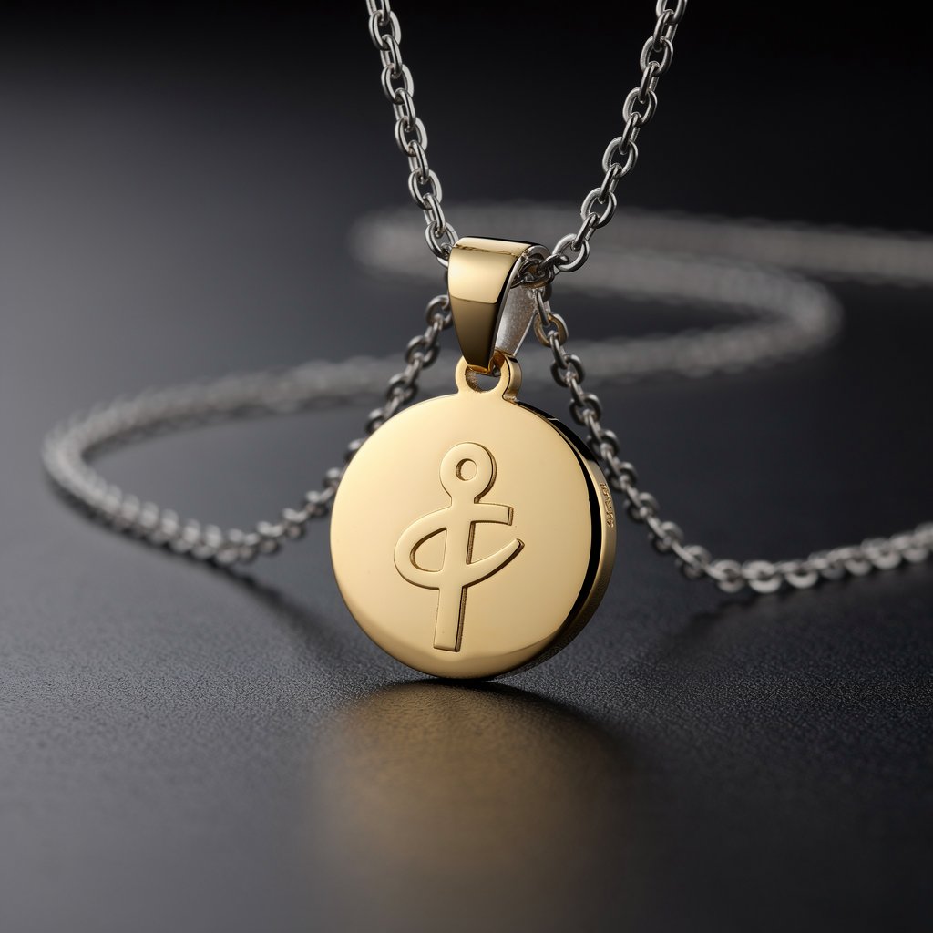 Professional product photography of a high-end silver or gold funeral jewelry pendant, elegant design, soft lighting, dark background.