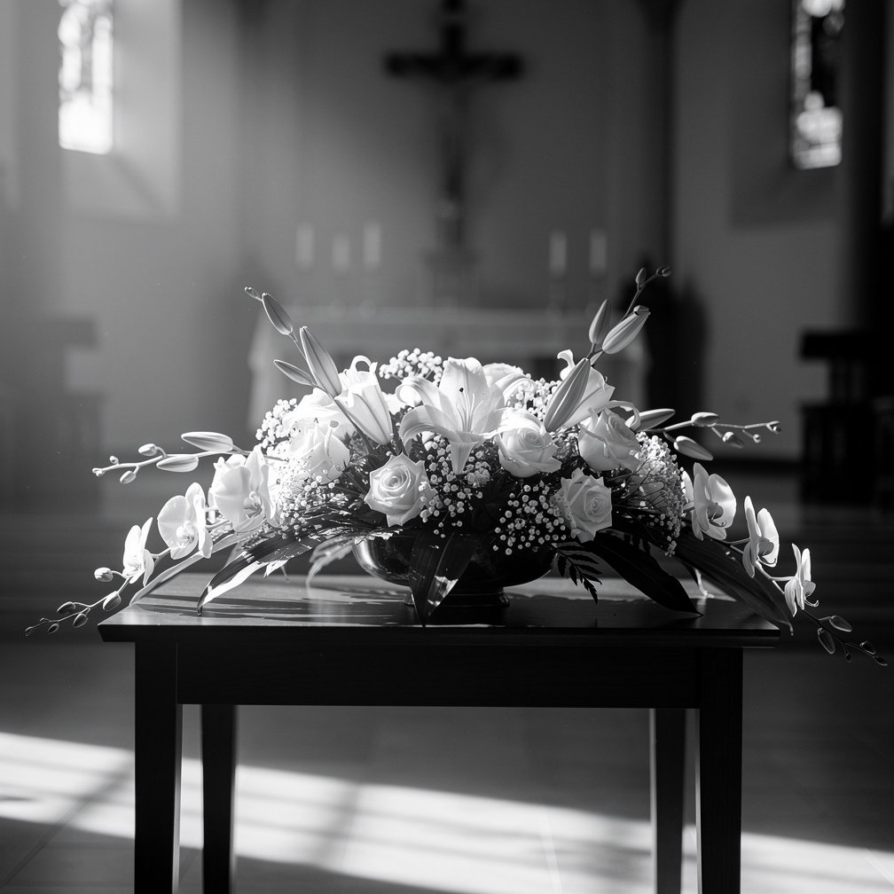Minimalist black and white photo of an elegant funeral flower arrangement.