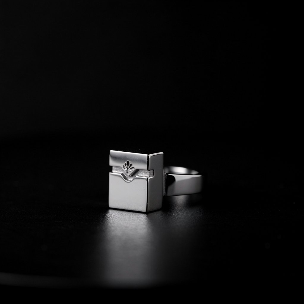 Minimalist black and white photo of a luxury memorial jewelry piece, elegant and solemn.