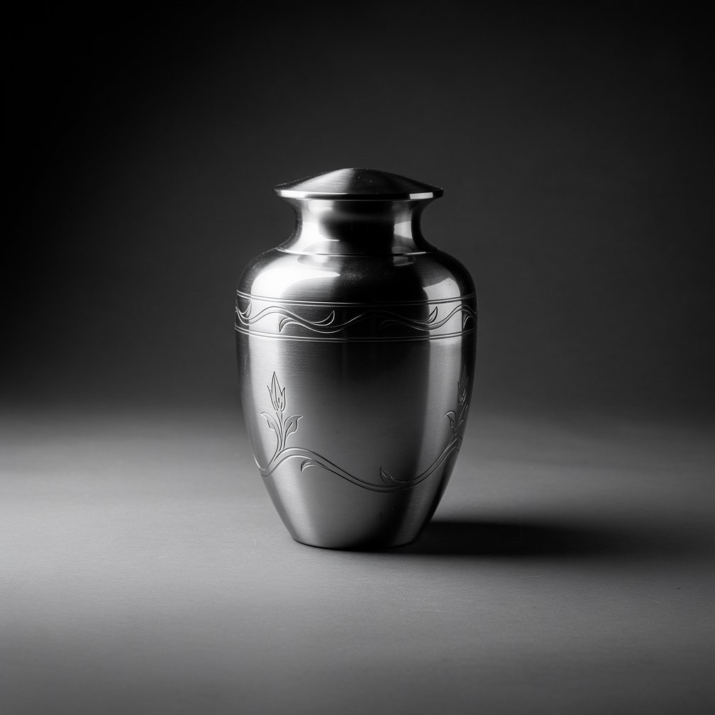 Minimalist black and white photo of an ornamental funeral urn, elegant design.