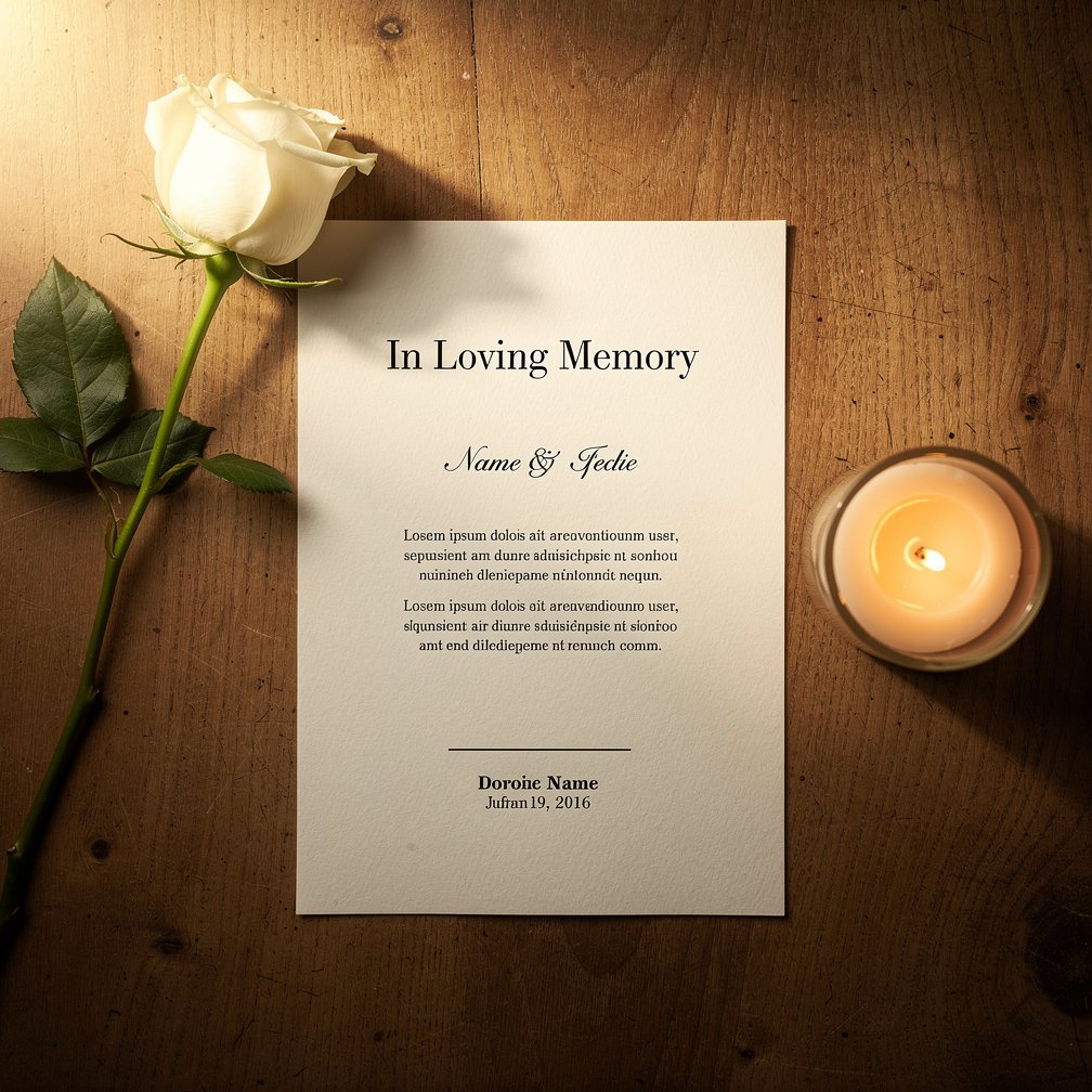 A respectful and elegant funeral notice (parte) design lying on a wooden table with a single white rose and a candle nearby, soft lighting, professional photography, mourning atmosphere.
