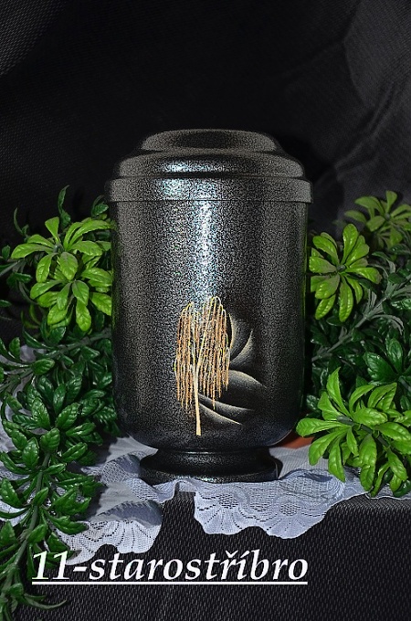 Hand-painted aluminum decorative funeral urn, traditional motifs, artistic craftsmanship, studio lighting