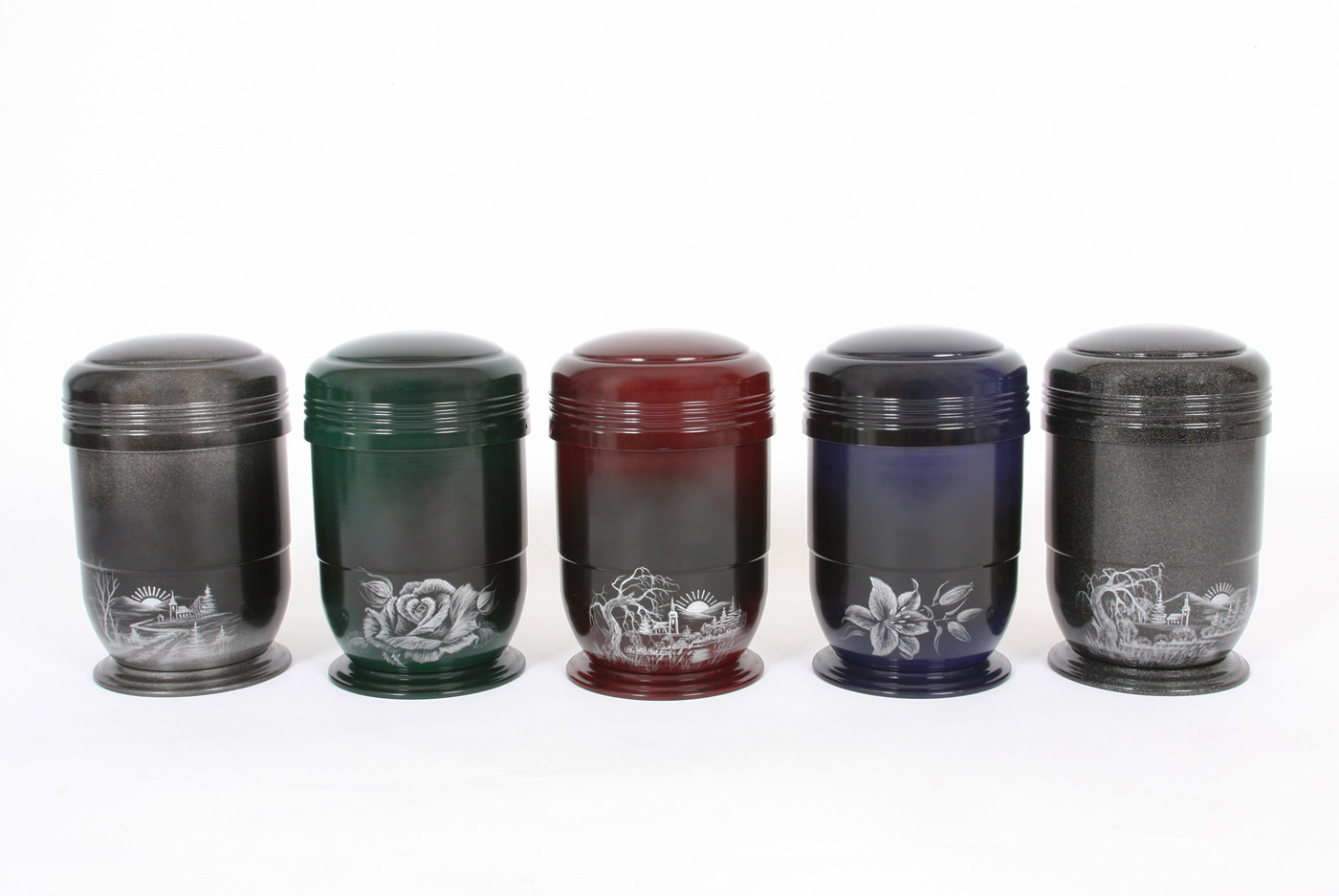 Decorative aluminum funeral urn with colorful artistic patterns, professional studio product photography, modern design
