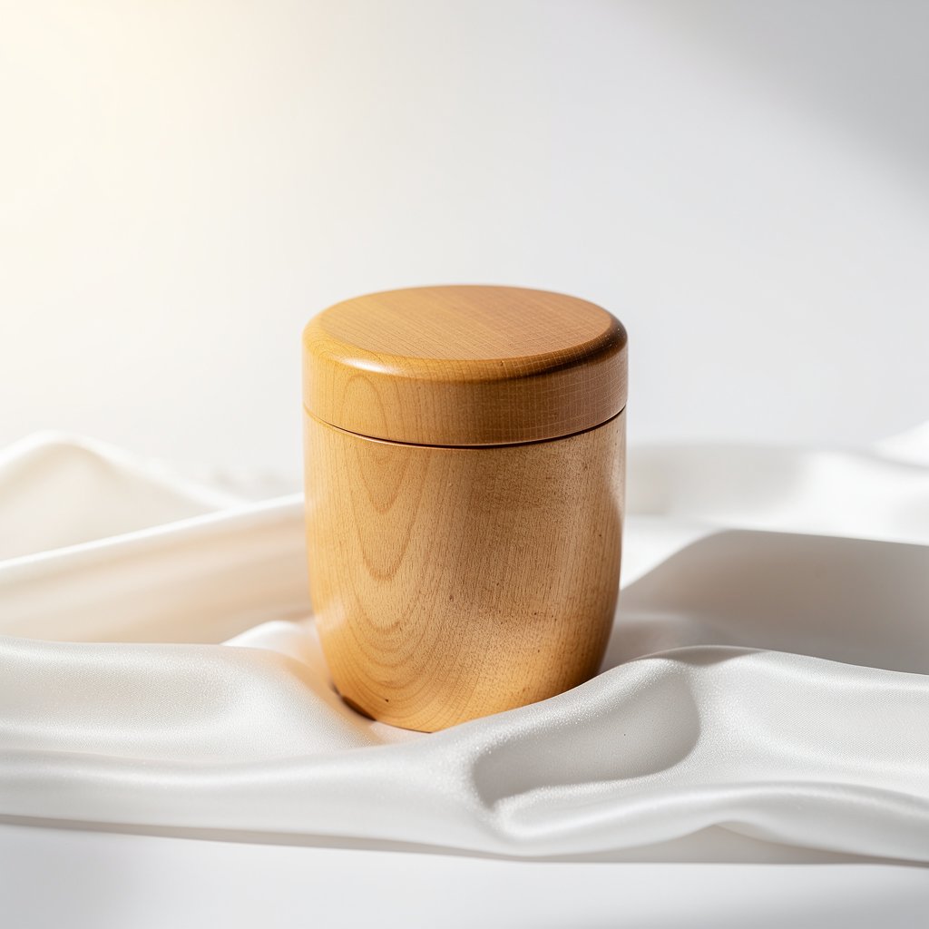 Dignified and soft focus photo of a simple wooden urn on a white silk cloth, warm natural lighting, peaceful atmosphere, professional photography.