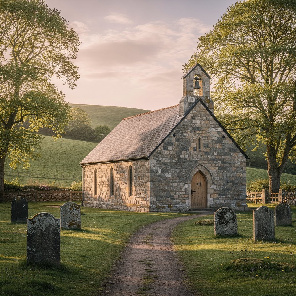Exterior of a traditional small stone church, serene landscape, soft light, peaceful atmosphere.